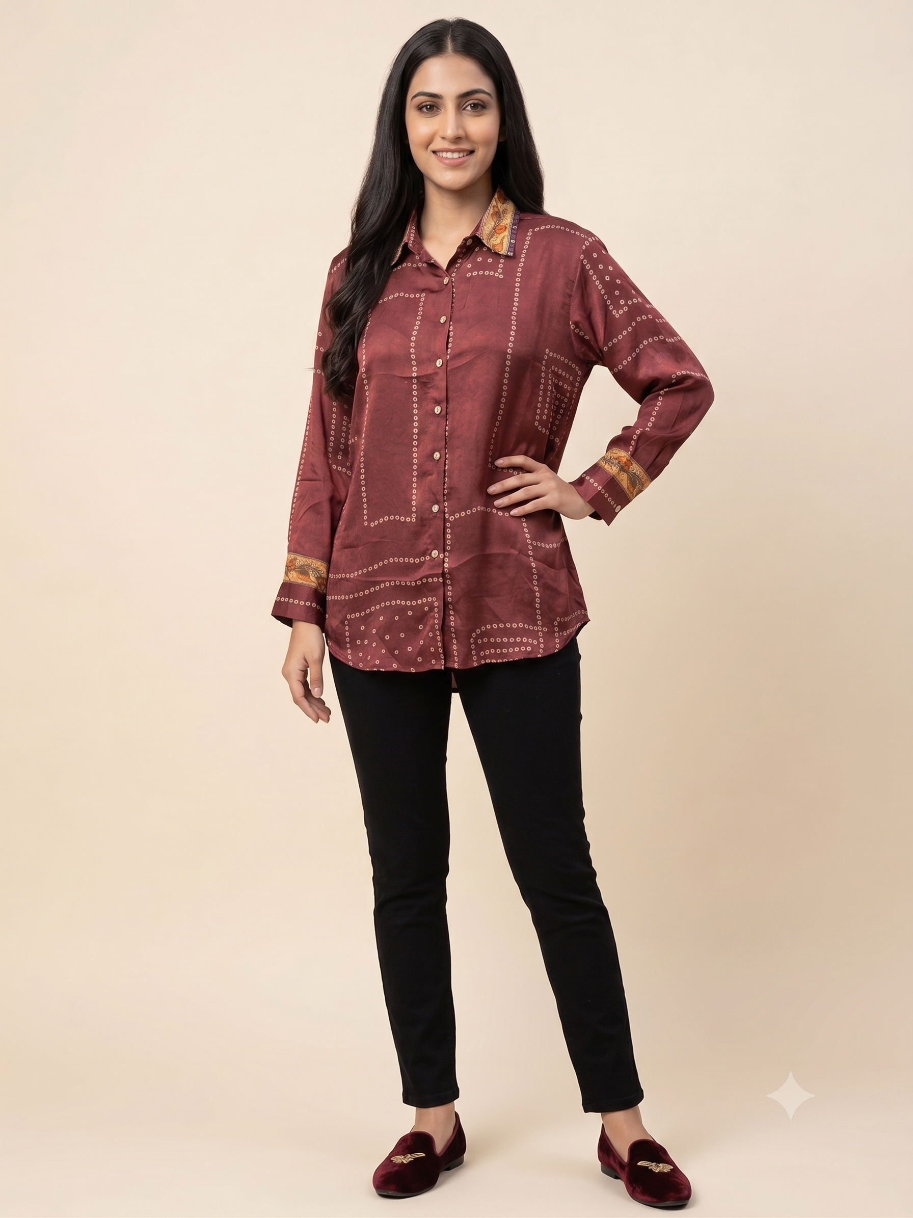 Maroon Printed Crape Indo-Western Shirt