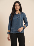Women’s Blue Printed Crepe Indo-Western Tunic Top with Shirt Collar & Printed Trim