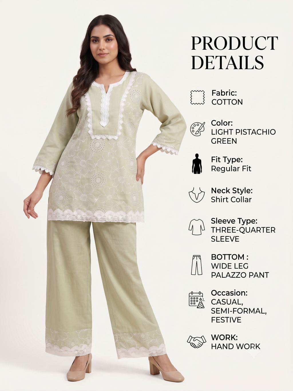 Light Pistachio Green Floral Embroidery Ethnic Co-Ord Set