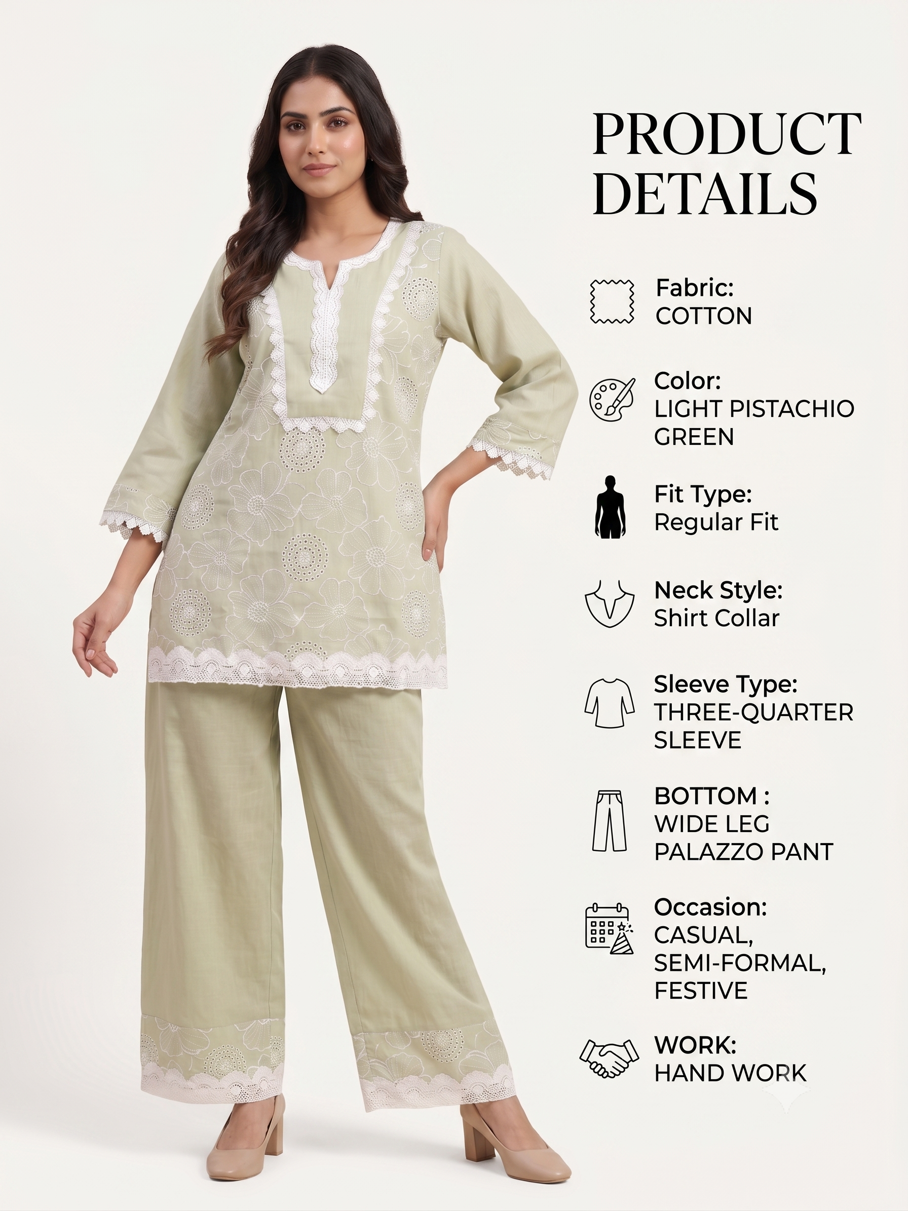 Light Pistachio Green Floral Embroidery Ethnic Co-Ord Set