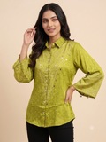 Olive Green Bandhani Print Satin Shirt & Flared Sleeves.