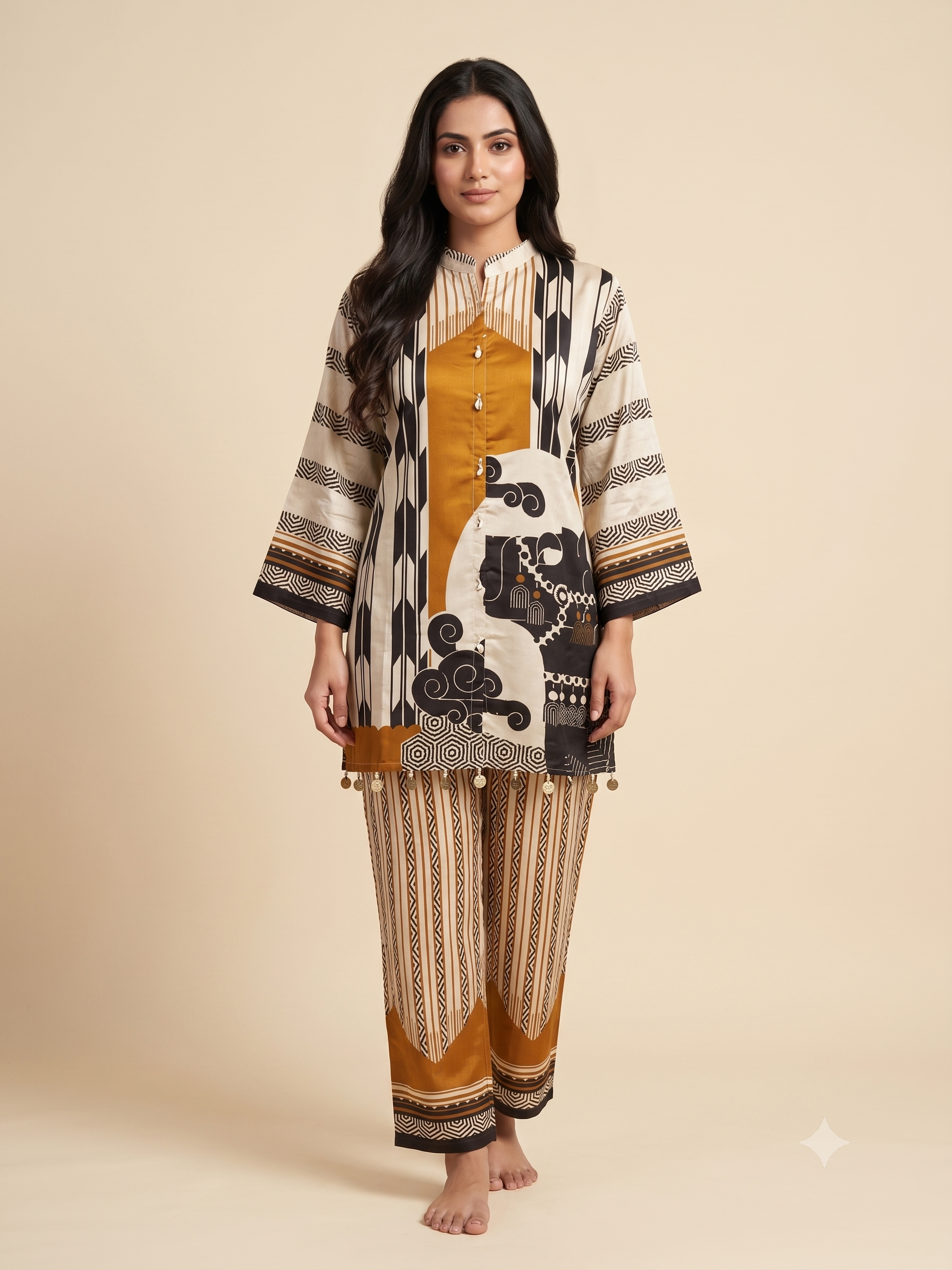 Mustard & Ivory Geometric Silk-Blend Co-ord Set