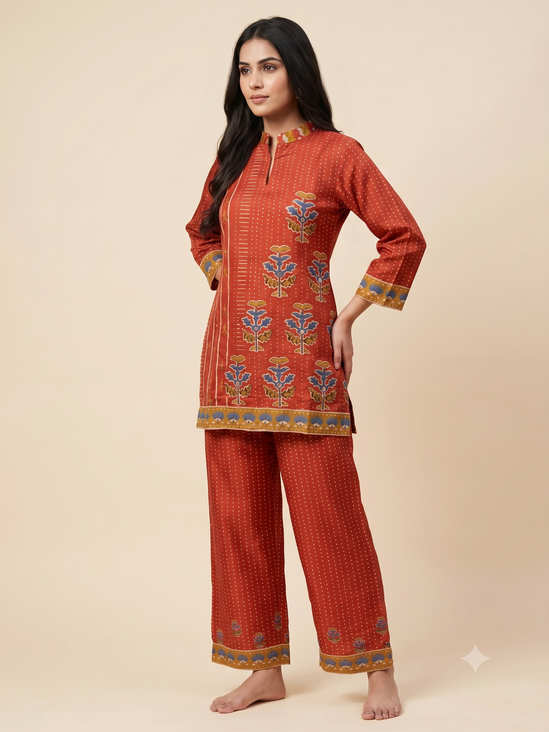 Rust Red Printed Satin Ethnic Co-Ord Set with Mandar/Shirt Collar