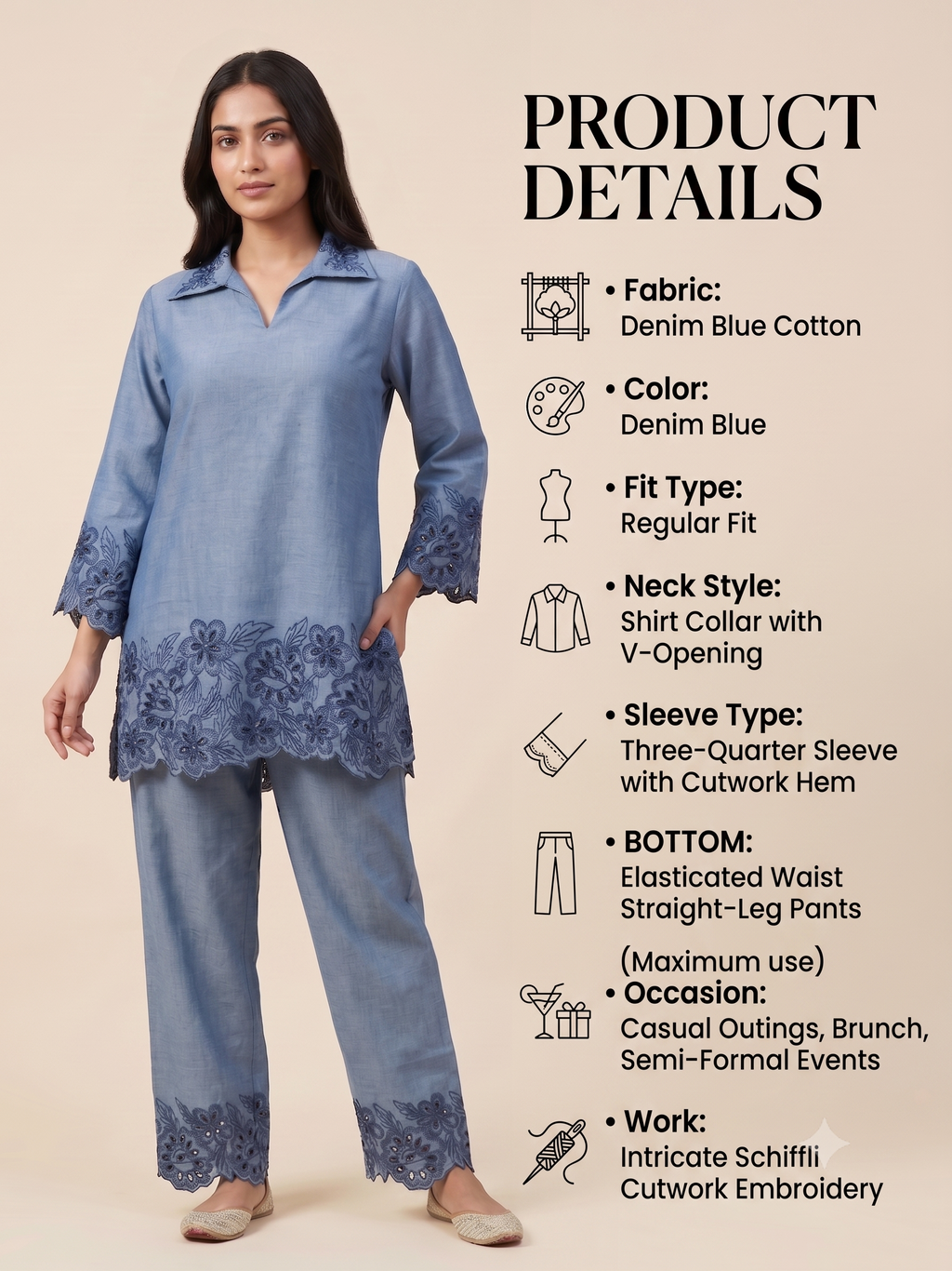 Denim Blue Schiffli Cutwork Co-Ord Set