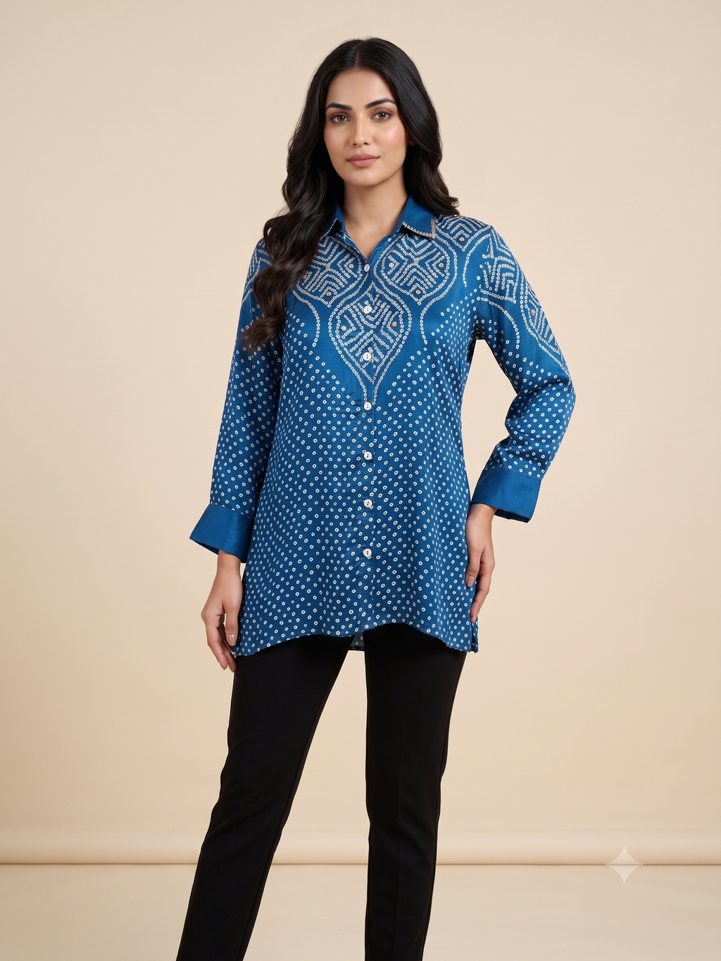 Women's Crape Bandhani Printed Indo-Western Tunic Top