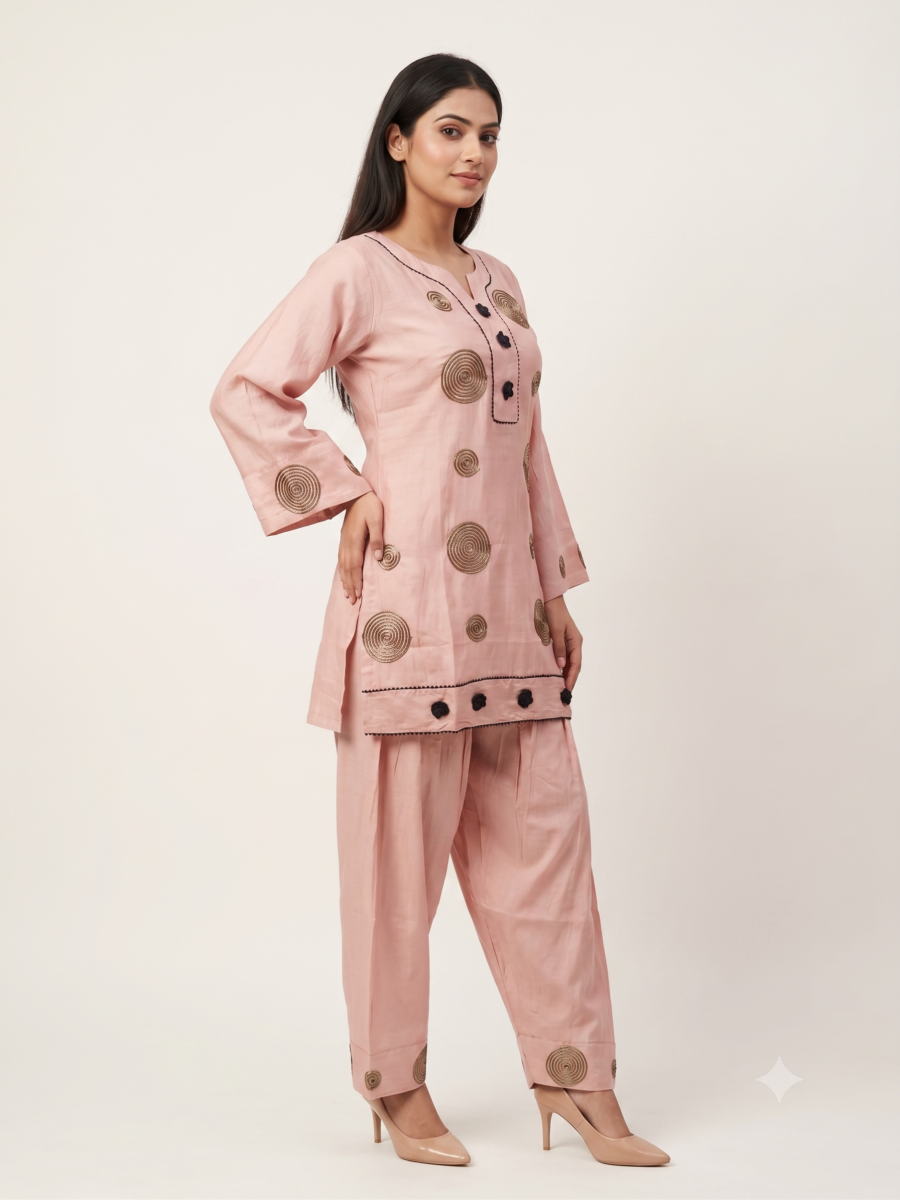 Elegant Rose Pink Co-ord Set with Embroidered Spiral Motifs