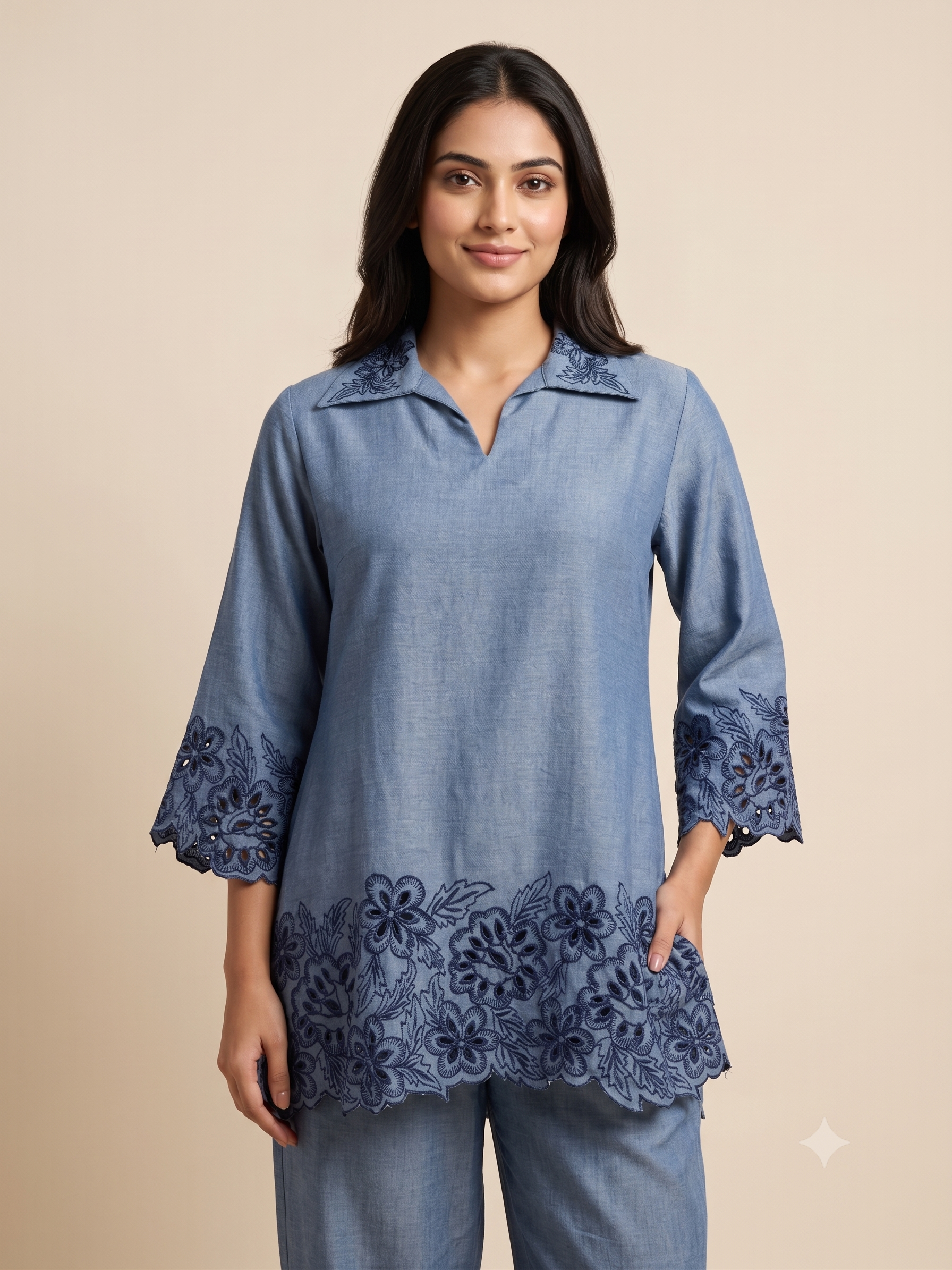 Denim Blue Schiffli Cutwork Co-Ord Set