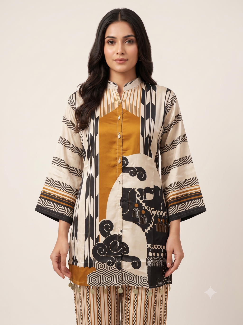 Mustard & Ivory Geometric Silk-Blend Co-ord Set