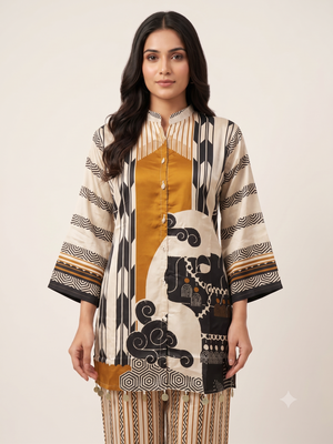 Mustard & Ivory Geometric Silk-Blend Co-ord Set