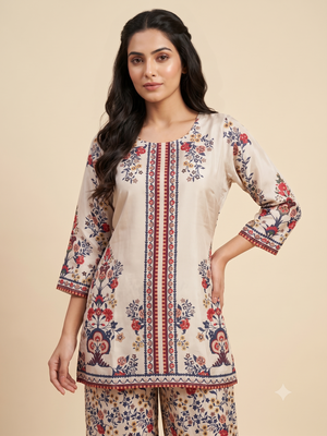 Women's Beige Floral Printed Crape Co-Ord Set