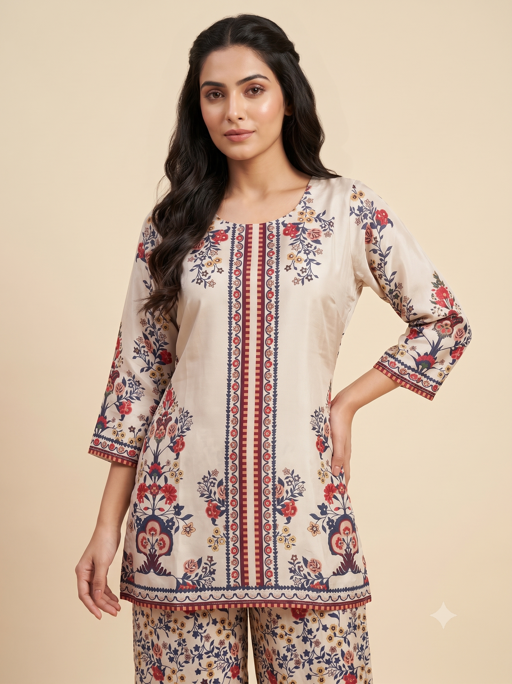 Women's Beige Floral Printed Crape Co-Ord Set