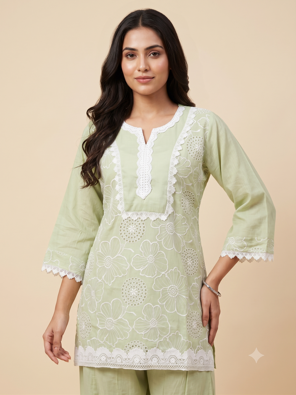 Light Pistachio Green Floral Embroidery Ethnic Co-Ord Set