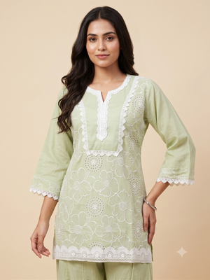 Light Pistachio Green Floral Embroidery Ethnic Co-Ord Set