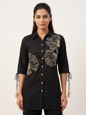 Chic Black Co-ord Set with Golden Floral Embroidery