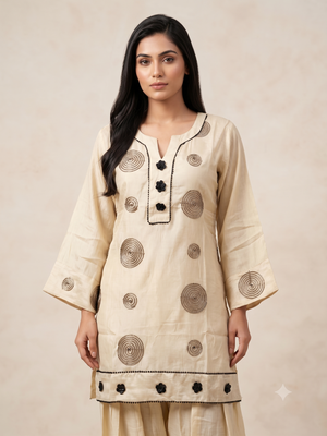 Elegant Cream Cotton Silk Ethnic Co-ord Set with Dark Brown Spiral Embroidery