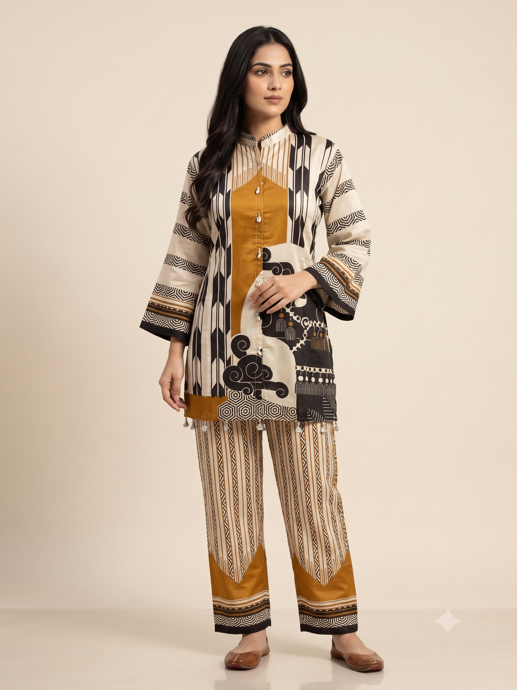 Mustard & Ivory Geometric Silk-Blend Co-ord Set