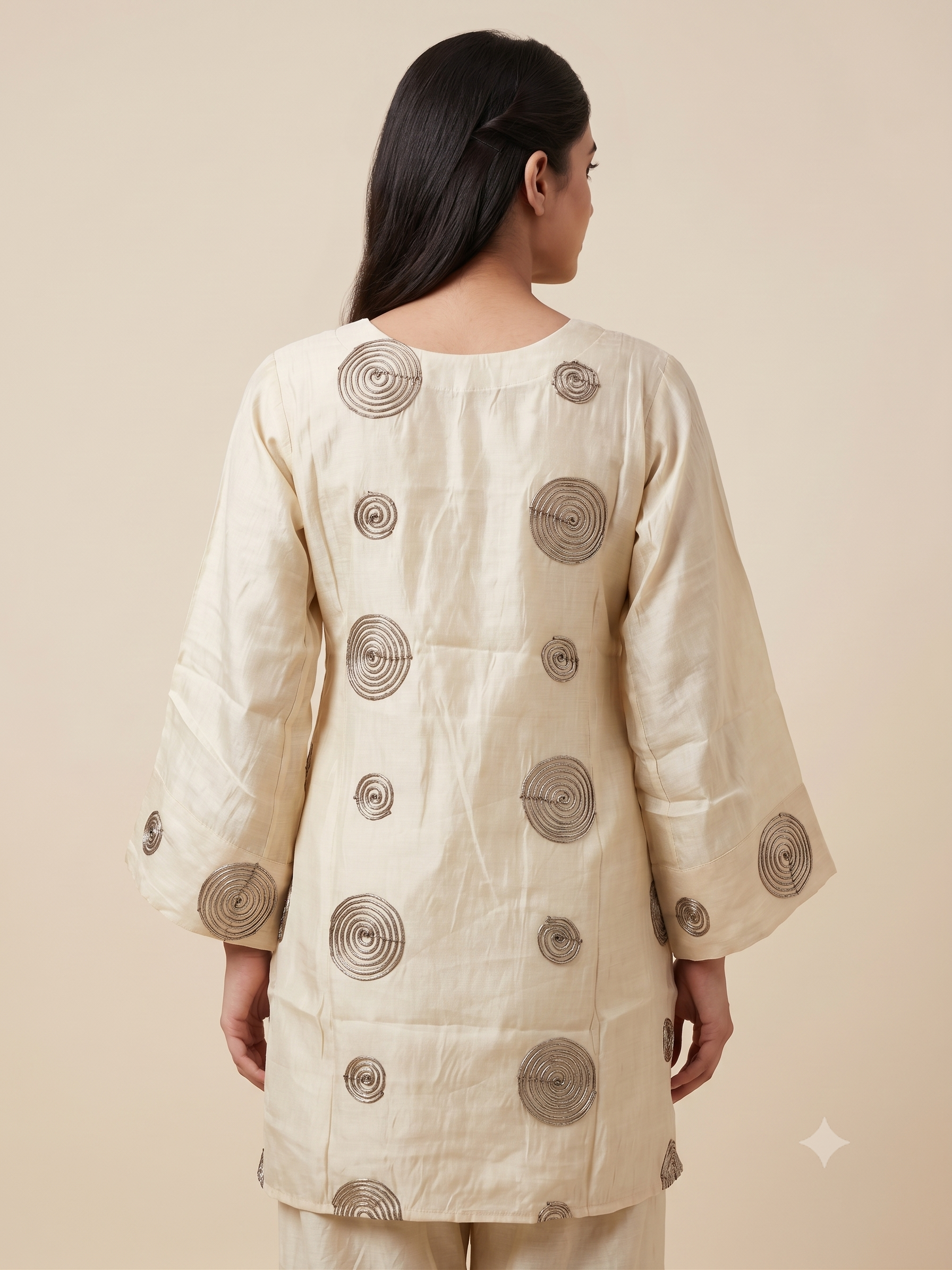 Elegant Cream Cotton Silk Ethnic Co-ord Set with Dark Brown Spiral Embroidery