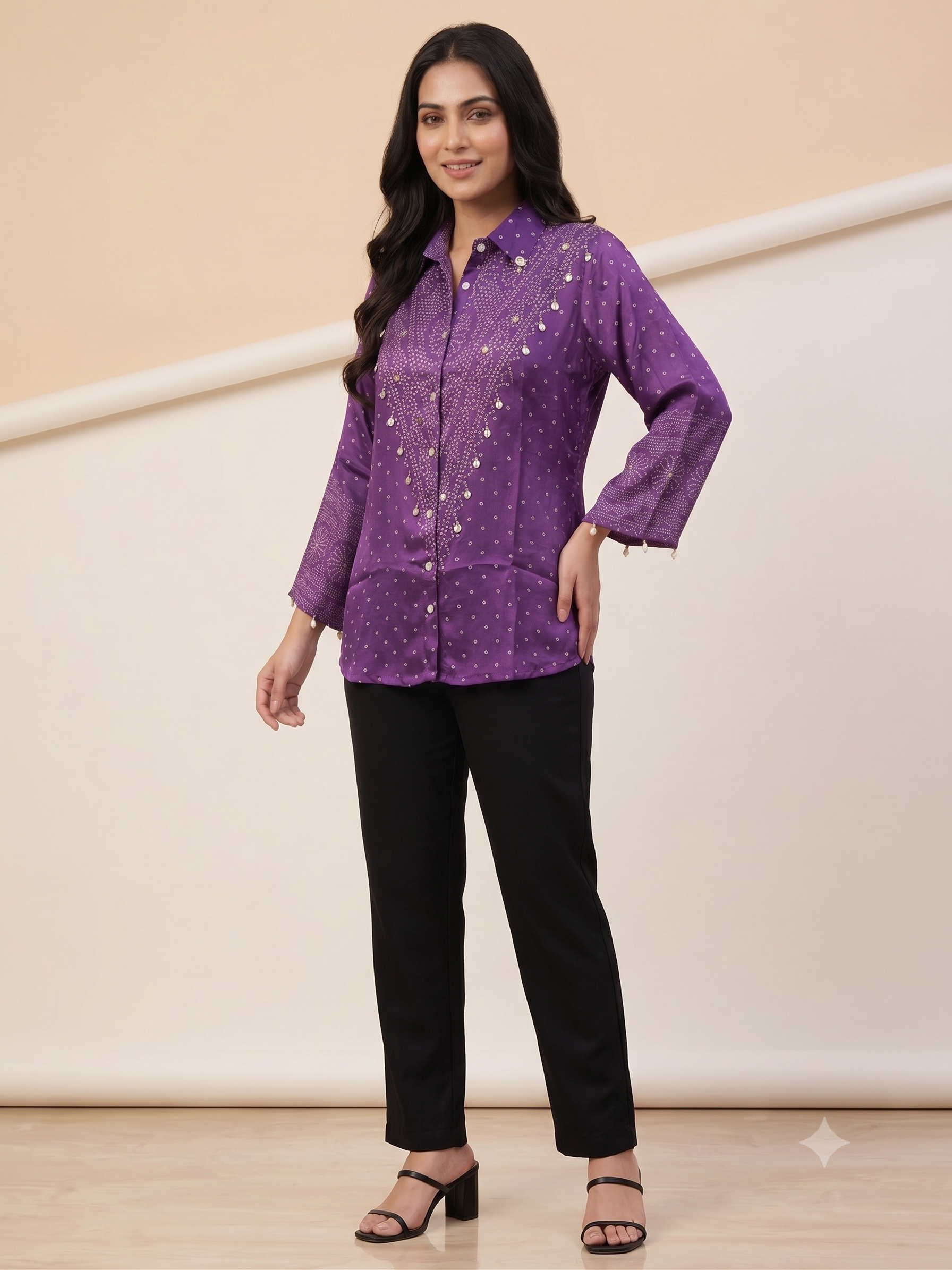 Purple Bandhani Print Crape Tunic Shirt with Charm Trim