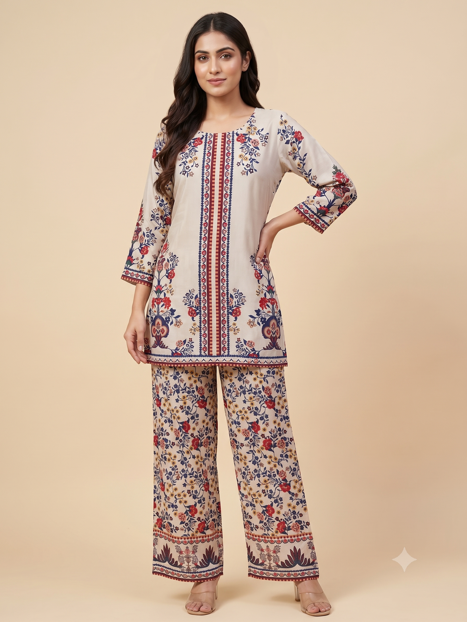 Women's Beige Floral Printed Crape Co-Ord Set