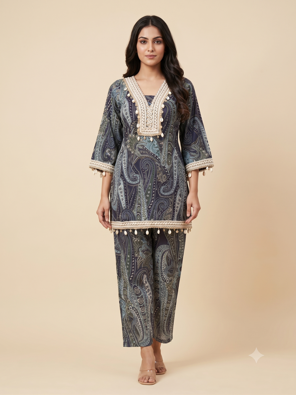 PREMIUM Luxurious Dark Paisley Cotton Co-ord Set with Shell & Lace Embellishments