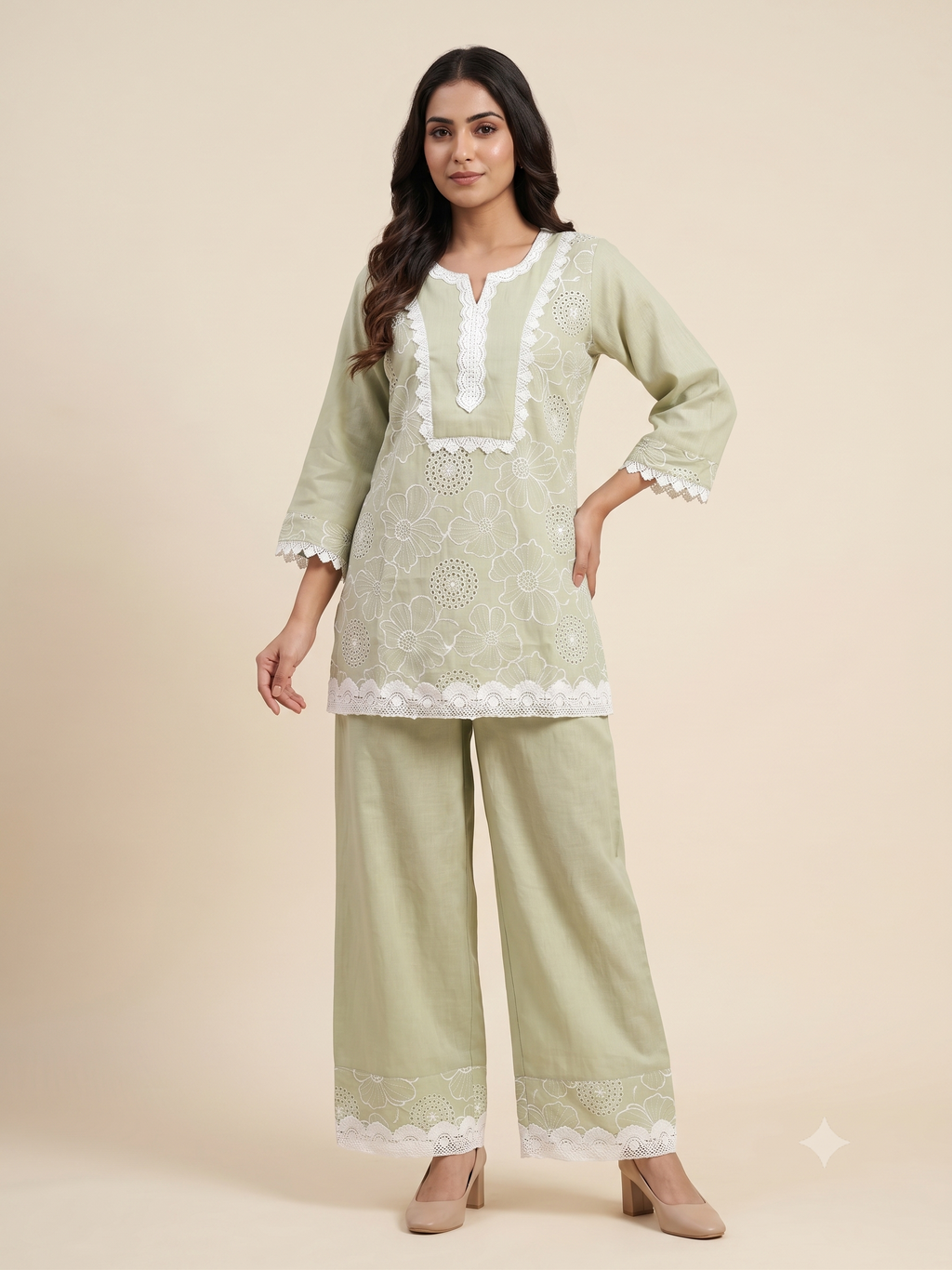 Light Pistachio Green Floral Embroidery Ethnic Co-Ord Set