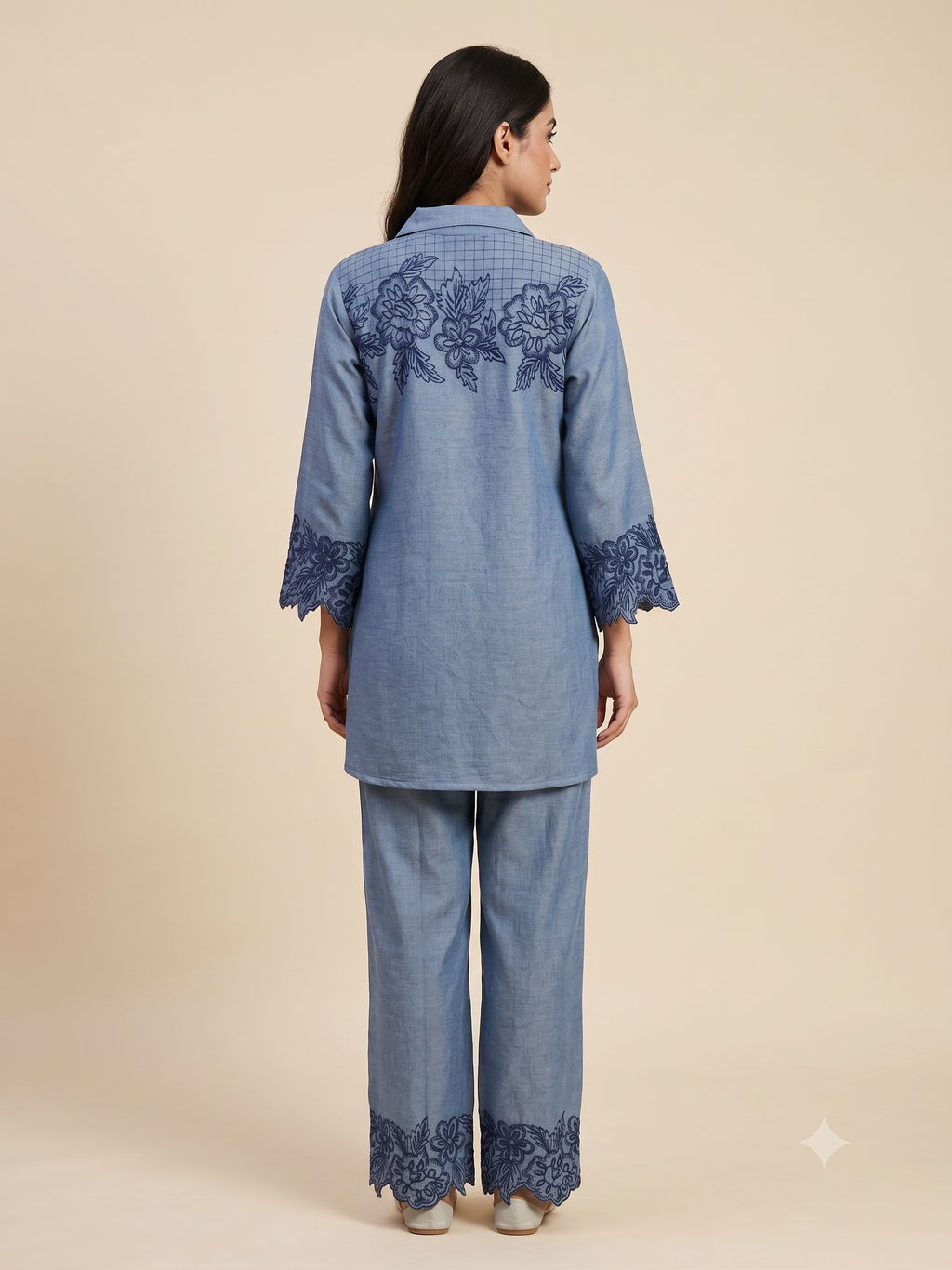 Denim Blue Schiffli Cutwork Co-Ord Set