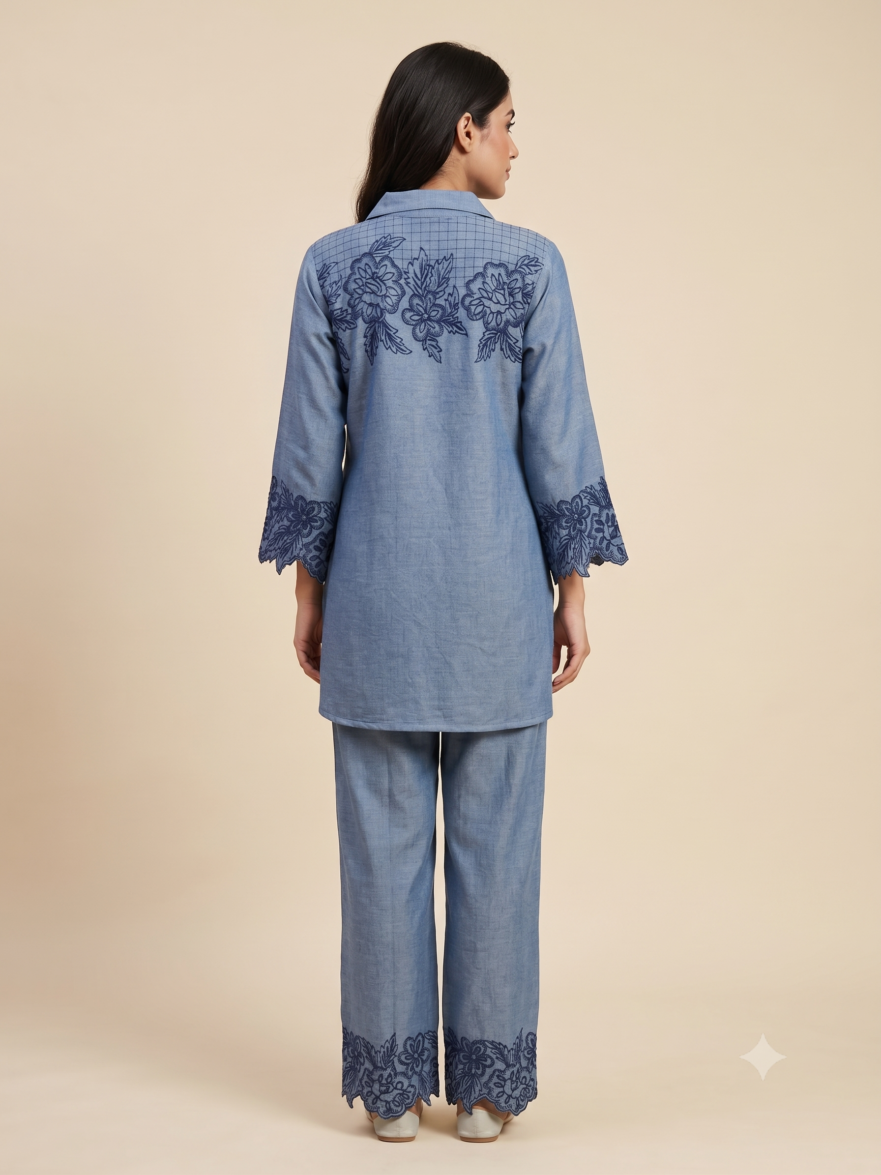 Denim Blue Schiffli Cutwork Co-Ord Set