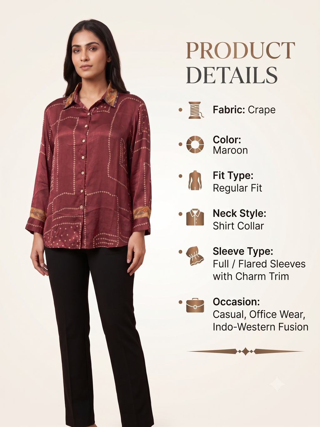 Maroon Printed Crape Indo-Western Shirt
