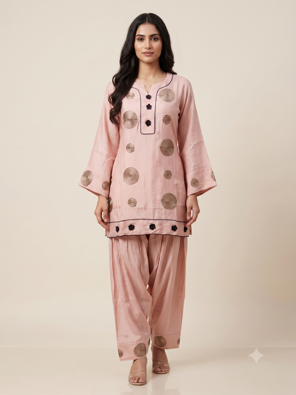 Elegant Rose Pink Co-ord Set with Embroidered Spiral Motifs