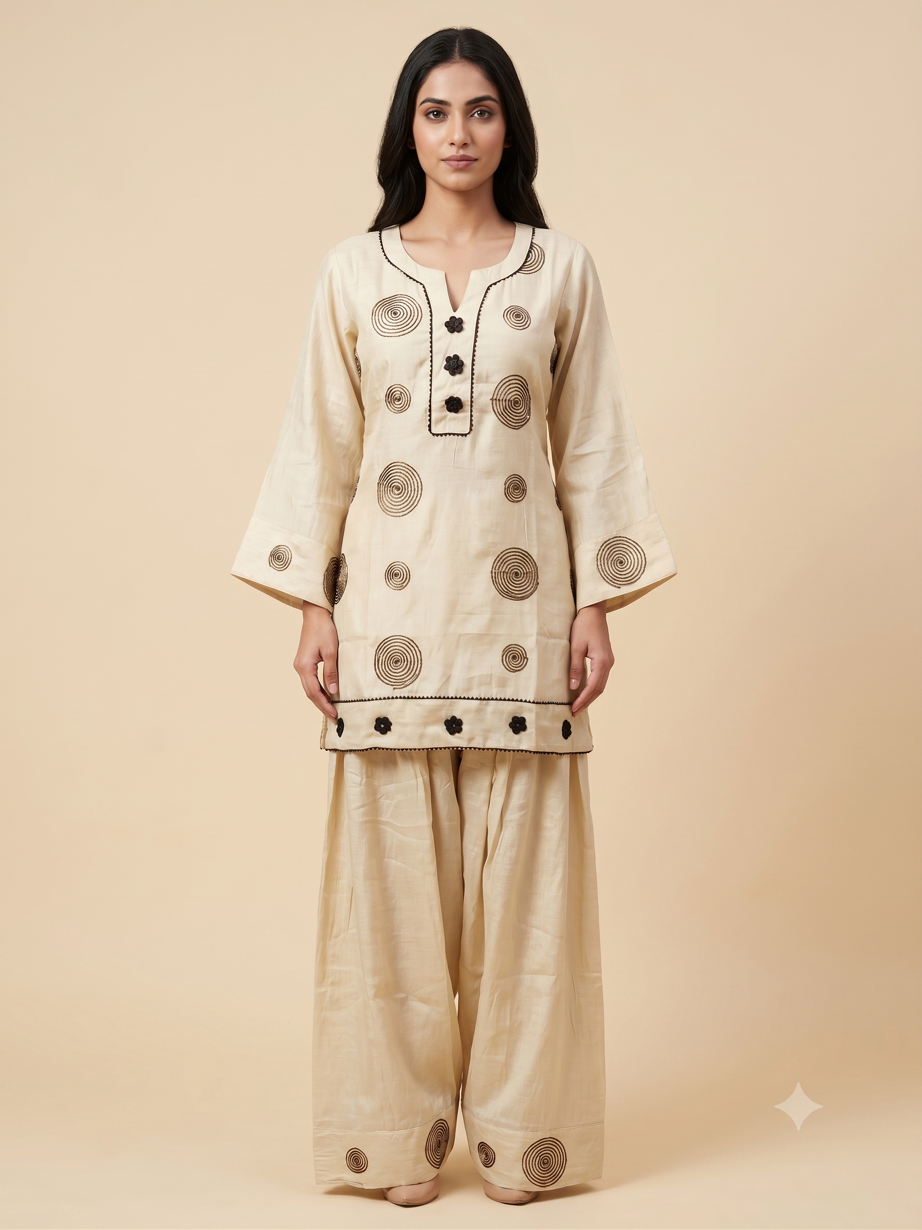 Elegant Cream Cotton Silk Ethnic Co-ord Set with Dark Brown Spiral Embroidery