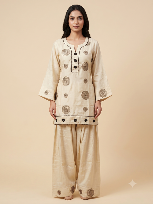 Elegant Cream Cotton Silk Ethnic Co-ord Set with Dark Brown Spiral Embroidery