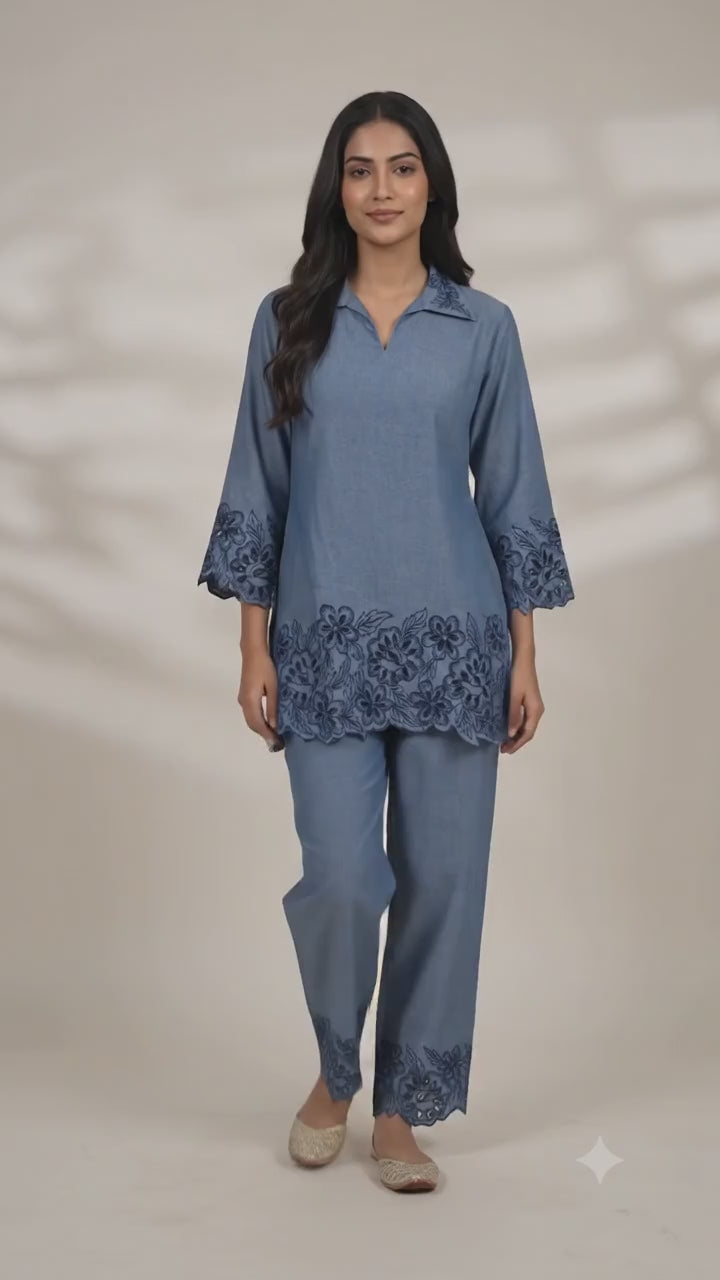 Denim Blue Schiffli Cutwork Co-Ord Set