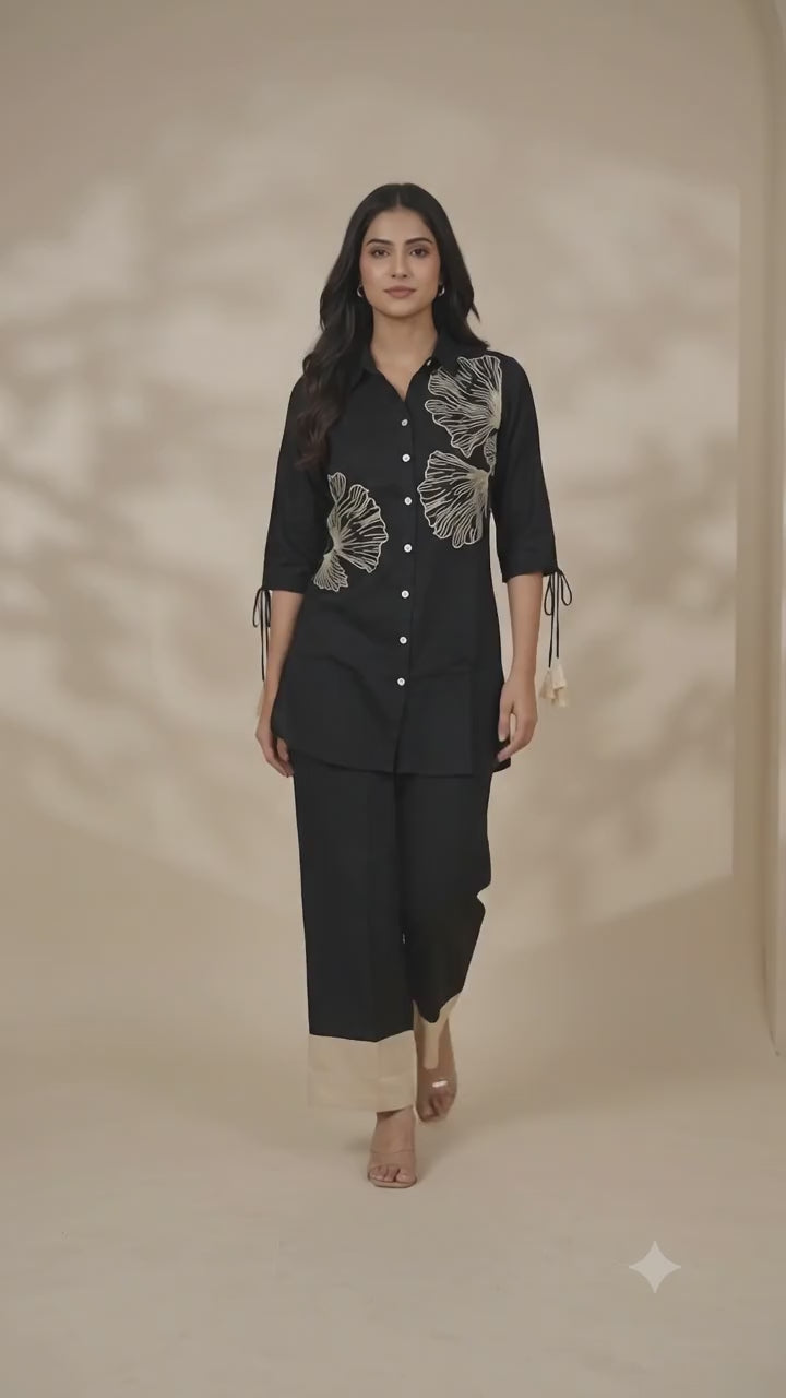 Chic Black Co-ord Set with Golden Floral Embroidery